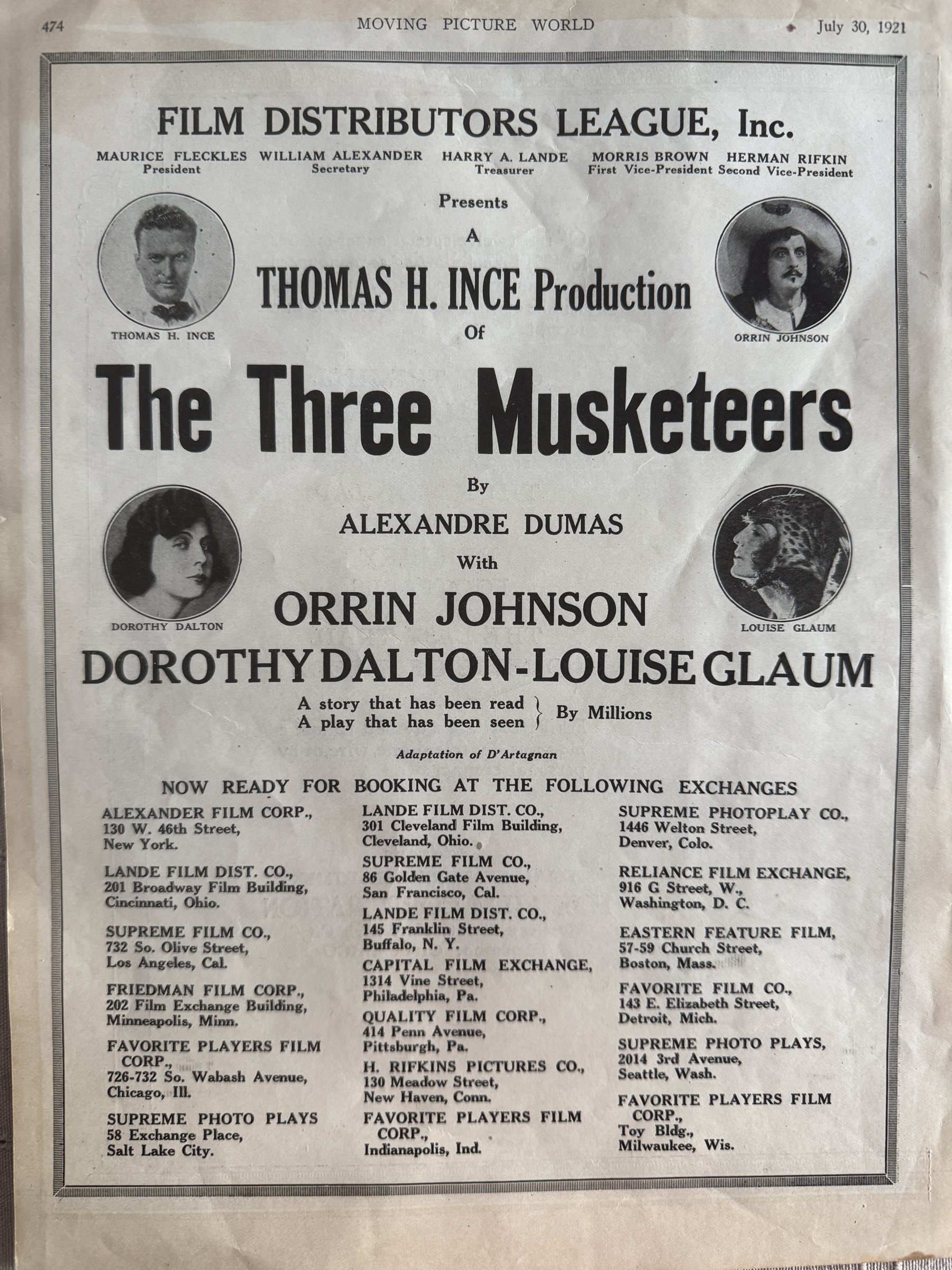 Moving Picture World ad for The Three Musketeers with Orrin Johnson, July 30, 1921
